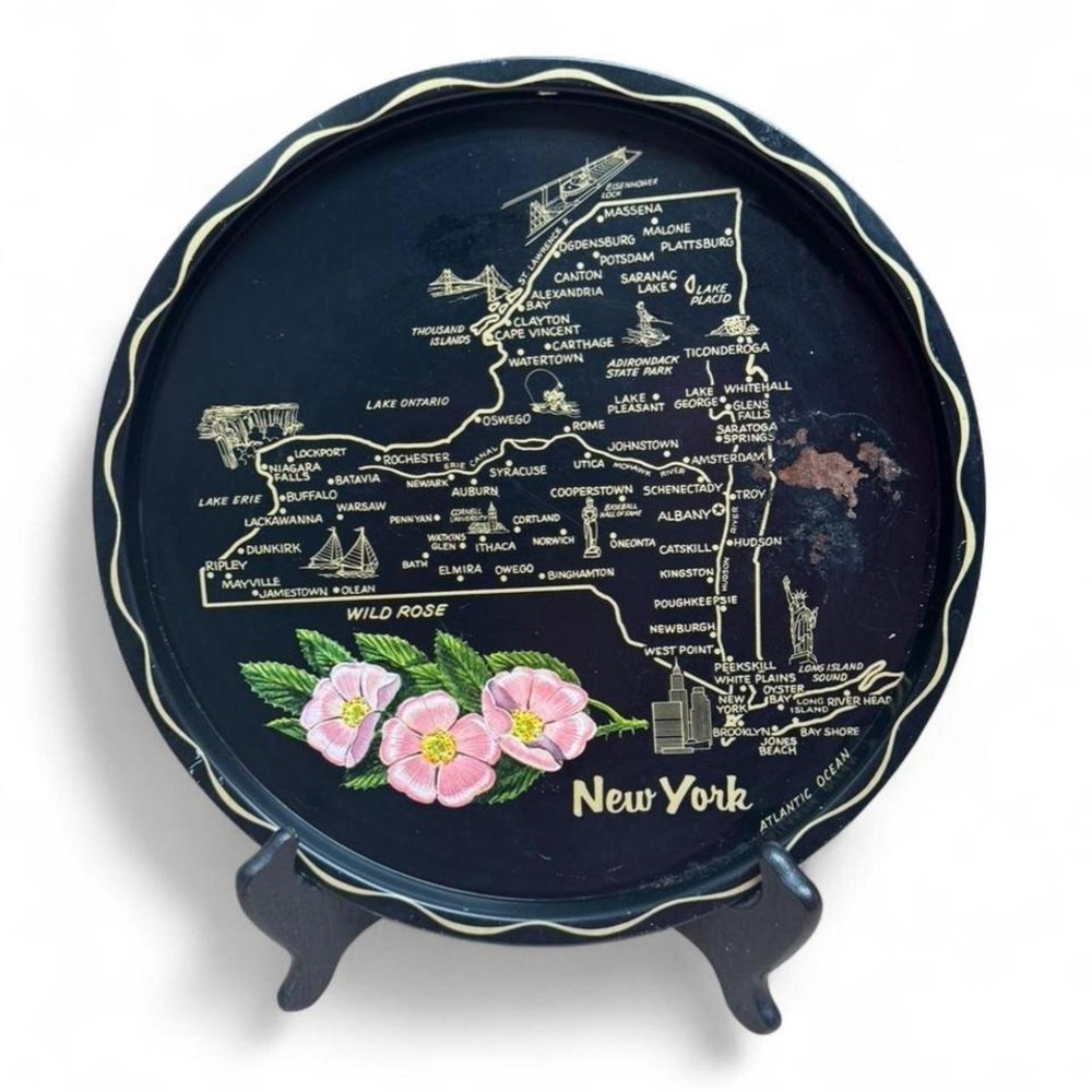 New York State 11" black map tray with pink flowers from the 50's